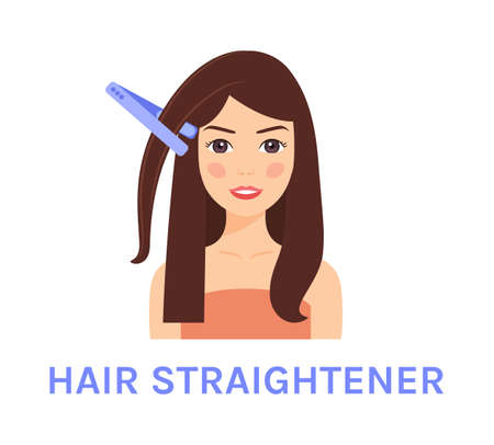 Pretty Brunette Young Woman and Hair Straightener. Beautiful Adult Girl Straight Hair. Straight hair on Female Head. Happy Smile on Face. Cartoon fashion style. Vector illustration for beauty designのイラスト素材