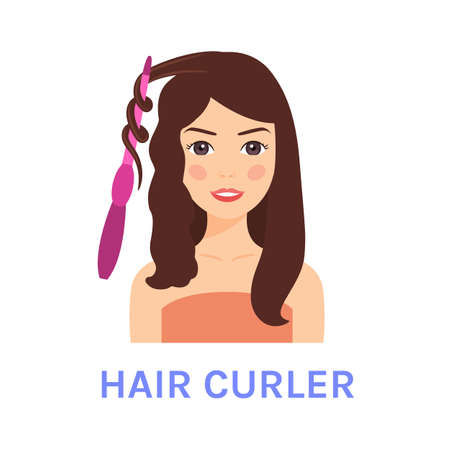 Isolated Beautiful Brunette Woman and Curling Iron. Lush Curly Hair on Female Head and Happy Young Girl. process. Flat Color Cartoon style. white background. Vector illustration for Beauty Design.のイラスト素材