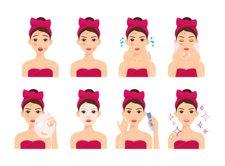Beautiful Pimply Woman. Treatment Acne on Face. Use water. Girl Applying Soap Foam, Sheet Mask and Cream. steps. instructions. Healthy Clean Skin and Happy Teen. cartoon style. vector illustration.のイラスト素材