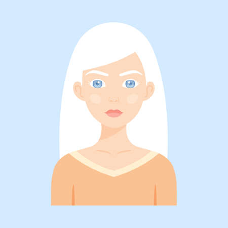 Beautiful Young Albino Woman. portrait. White Long Hair Eyelashes and Eyebrows. Light Blue Eyes. Avatar for Pretty Lady. Flat Color Cartoon style. Light blue background. vector illustration.のイラスト素材