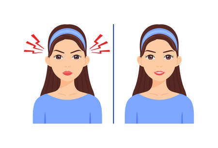 Angry and Happy Young Woman. Portrait of a Female Character with a Smile on Face. Lady is Dissatisfied and Annoyed. Antonyms. Education for Children. Color cartoon style. white background. Vector.のイラスト素材