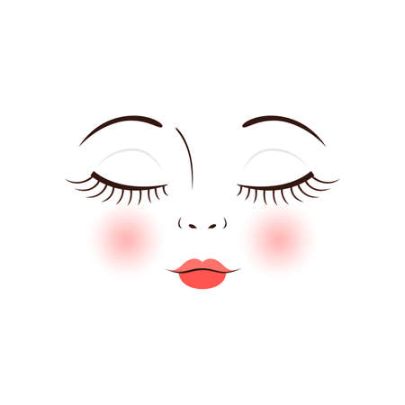 Isolated Matryoshka Doll Face. closed eyes. Pretty Face of Sleeping Baby doll. Small Nose, Long Eyelashes and Lush Red Lips. Pink Blush on Cheeks. line style. white background. vector illustration.のイラスト素材