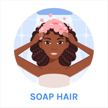 African American Woman with Soap Foam for Curly Hair on Head. Black Lady Washes Hair with Shampoo in Shower. Happy Female Face. Clean Healthy Hair. color cartoon style. white background. vector image.のイラスト素材
