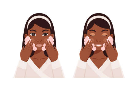 Black Woman Wash Face with Soap Foam with Hands. Skin Care Procedure. Happy Afro Lady with Open and Closed Eyes and Smile. Color cartoon style. white background. Vector illustration for beauty design.のイラスト素材