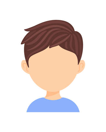 Empty Face of a Pretty Little Boy and Child. template. front view. Brunette Hair and a Blue Shirt. Blank for Portrait and Avatar. Color cartoon style. white background. vector illustration.のイラスト素材