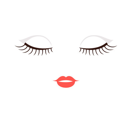 Beautiful Female Face with Closed Eyes. Long Eyelashes and Sexy Red Lush Lips. Sleeping Pretty Woman with Makeup. Line Cartoon Fashion style. white background. Vector illustration for Beauty Design.のイラスト素材