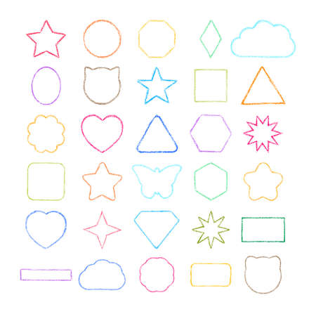 Different Shapes Drawn with Chalk Crayon and Wax Pencil. Frames for Children Design. set. Line Stroke Baby style. bright colors. white background. Vector image for Kids Design Element and Text.のイラスト素材