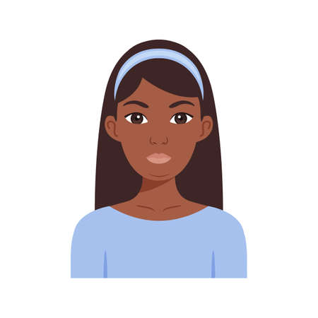 Portrait of a Young Black Beautiful Overweight Woman. Pretty Fat Lady. Double Chin. Avatar. front view. Color cartoon style. vector illustration.のイラスト素材
