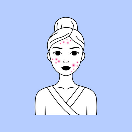 Young Woman with Pimples on her Face. acne. Portrait of a Lady with Problematic Skin. ugly. cartoon line style. Black and White and Pink Color. Vector illustration for Beauty and Medical Design.のイラスト素材