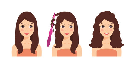 Brunette Woman Uses a Curling Iron to Curl her Hair. steps. Curly Hair on Female Head. Happy Lady with Wavy Curls on Long Hair. before after. Colorful cartoon style. white background. vector image.のイラスト素材