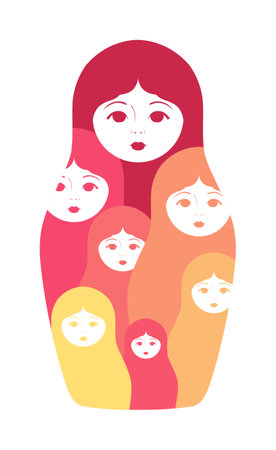 A Beautiful Matryoshka Doll with a Pretty Face. There are other Little Dolls Inside the Matreshka. Color Flat Cartoon Fashion Style. white background. vector illustration.のイラスト素材