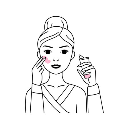Beautiful Woman holds a Face Cream in her Hand. Happy Lady Applies Moisturizer Lotion to her Facial Skin. Smile and Healthy Skin. White Black Pink Color. Line Fashion Style. white background. vectorのイラスト素材