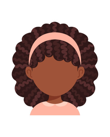 The Blank Face of a Cute Afro Girl with Curly Hair. template. Little Black Preschool Girl in Peach Blouse and Headband with Empty Face. faceless. white background. vector illustration.のイラスト素材