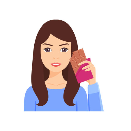 A Beautiful Brunette Woman with a Chocolate Bar in her Hands. The Happy Lady is Eating Sweet Chocolate. Color cartoon style. white background. Vector Illustration for Chocolate Day Holiday.のイラスト素材