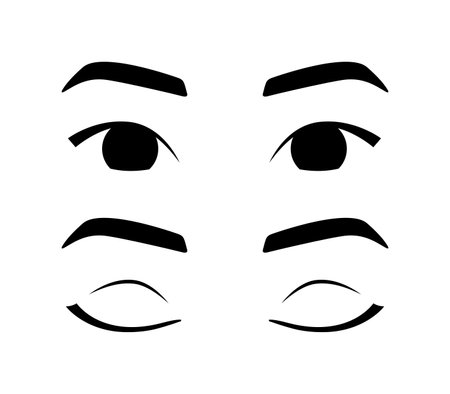 Pretty Asian Woman with Open Eyes. Eyebrows and Eyelashes of a Korean Lady. Closed Sleeping Eyes. front view. Flat Line Fashion Style. Black White Color. Vector image for Skin Care and Beauty Design.のイラスト素材