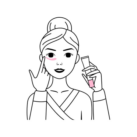 Beautiful Woman Holds an Eye Cream in Hand. Pretty Lady in a Bathrobe Applies Eye Cream. Healthy Skin and a Happy Smile. Black White Color. line style. white background. Vector image for Beauty Designのイラスト素材