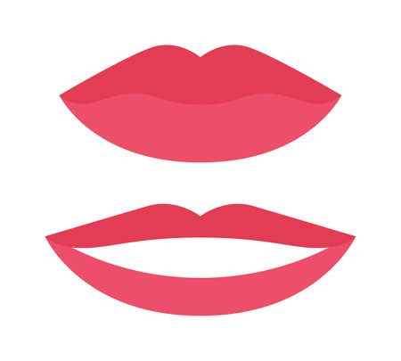 Isolated Beautiful Female Healthy Lips with Red Pink Lipstick. Nice Feminine Smile with White Teeth. Closed and Open Lips. Color Flat Cartoon Fashion style. white background. vector illustration.のイラスト素材