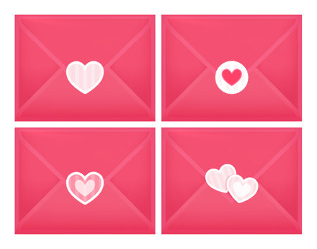 Gift Sealed Pink Envelopes with a Red Heart. set. Closed Envelopes with Symbol of Love for Beloved. Color Realistic style. white background. Vector illustration for Romantic Valentine Day Holiday.のイラスト素材