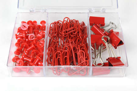 A set of canzilar accessories in a transparent box, clips, clips and pins.の写真素材