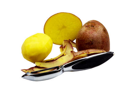 Cut and peeled potatoes, isolate on white.の写真素材
