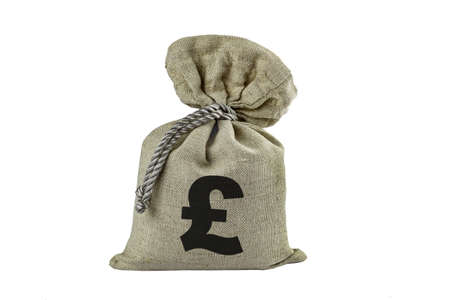 Pound, the symbol of currency is applied to a filled textile bag, isolate.の写真素材