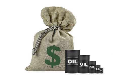 A bag with money and oil barrel on white.の写真素材