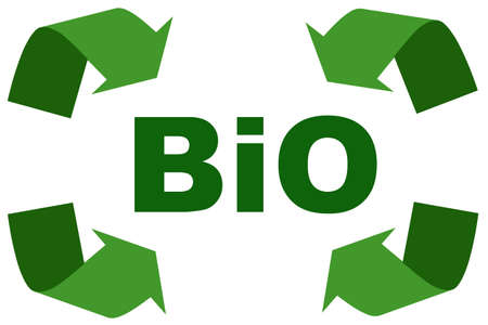 Symbol of natural products and technologies, the inscription BIO surrounded by four green arrow.の写真素材