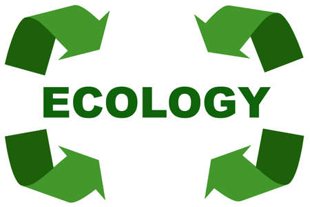 Environmental protection, the inscription ECOLOGY on a white framed by four green curved arrowの写真素材