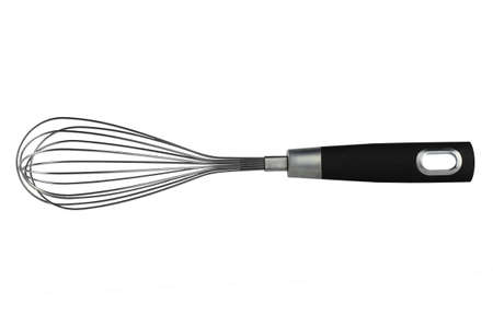A stainless steel whisk with a black handle, flowing on white.の写真素材