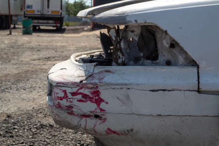 Fragment of the wrecked car, engine, gearbox and hinged equipment, car after the accident.の写真素材