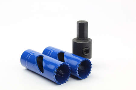 Metal drill crown with adapter, isolate on white.の写真素材