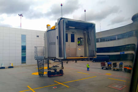 The delivery of a telescopic ladder to the aircraft for the exit of passengers.の写真素材