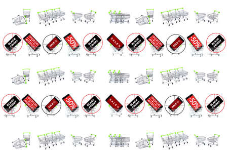 A collage of photos of hypermarket trolleys, empty trolleys and trolleys advertising discounts and sales on a white background.の写真素材