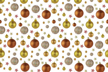 Postcard for Christmas and New Year, multicolored balls and stars randomly scattered on a white background.の写真素材