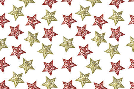Christmas pattern of gold and red stars with patterns on a white background.の写真素材