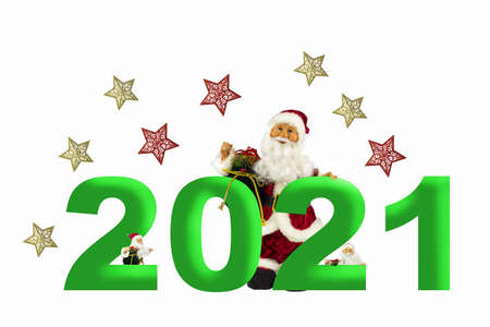 Christmas collage, 2021 and Santa Claus figurines with stars on a white background.の写真素材