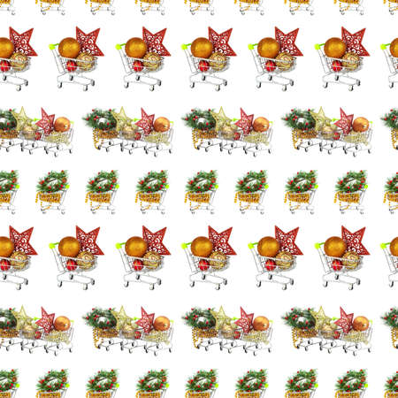 A seamless pattern, shopping trolley filled with Christmas decoration for the holiday, are edict on white.の写真素材