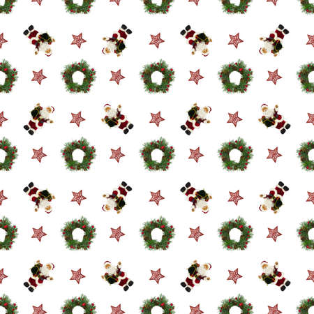 A seamless pattern, a Christmas pattern of Santa Claus figurines and a wreath of spruce branches,...