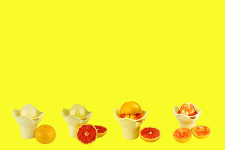 A collage of hand-made juicers with stages of cooking natural juice on a yellow background.の写真素材