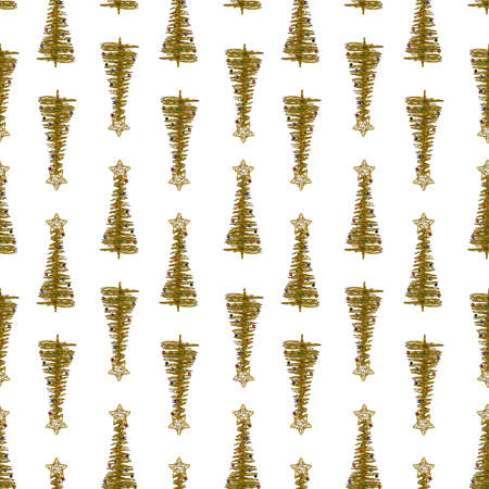 A seamless pattern of golden Christmas trees on a white background.の写真素材