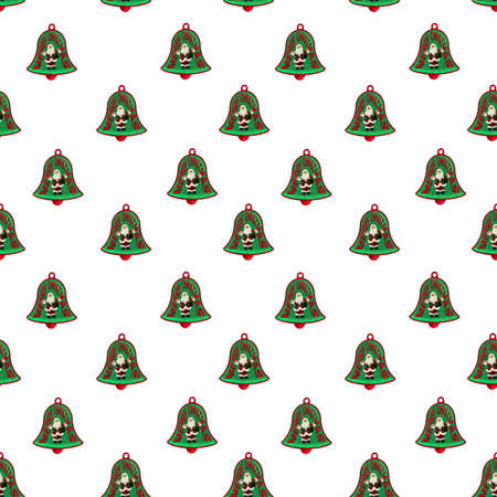A seamless pattern of bells with figures of Santa Claus, wishes of Merry Christmas and New Year.の写真素材