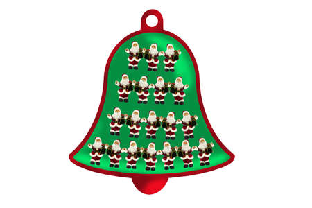 Green bell decorated with santa Claus figures with a bag of gifts.の写真素材