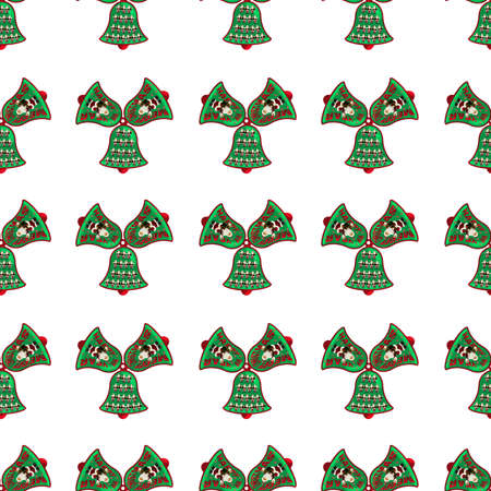 A seamless pattern of bells with figures of Santa Claus, wishes of Merry Christmas and New Year.の写真素材