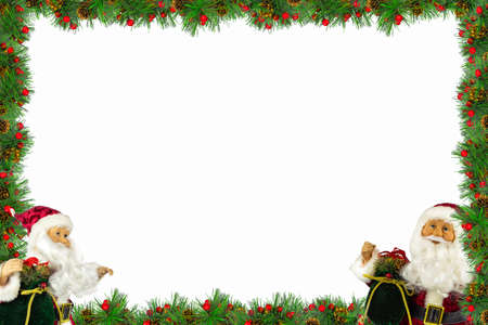 A frame of spruce branches and a figure of Santa Claus, a white background.の写真素材