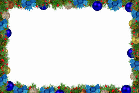 Frame of spruce branches decorated with colorful balls, bows and cones, white background.の写真素材