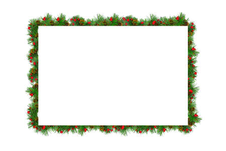 Frame of spruce branches with cones, white background.の写真素材