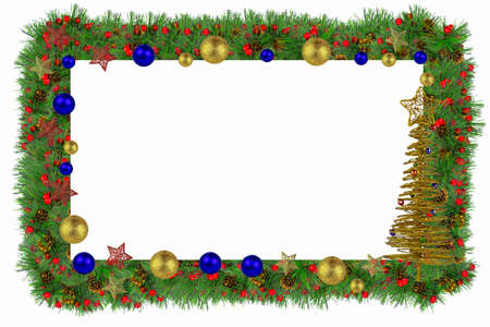 Decorative frame of spruce branches and colorful New Year's decoration around the edges.の写真素材