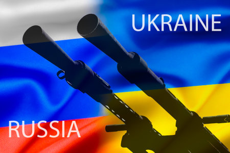 Military conflict between Russia and Ukraine, A gun against the background of two state flags of the warring states.の写真素材