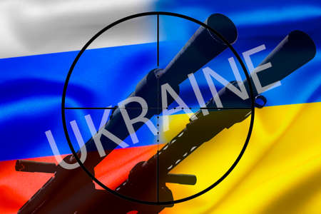 The national flag of Russia and Ukraine against the background of the sight, military conflict.の写真素材