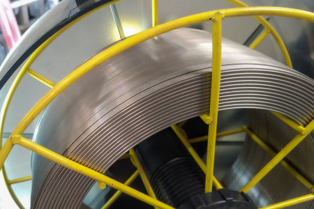 Stainless steel wire coil mounted on the welding machine.の写真素材